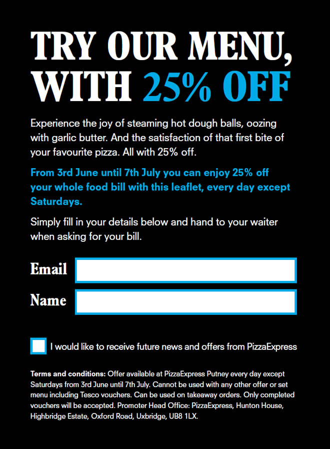 25 Off Your Food PizzaExpress Putney