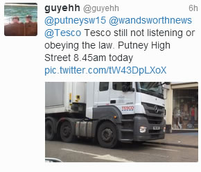 The supermarket company Tesco has continued to flout a ban on daytime deliveries on Putney High Street.