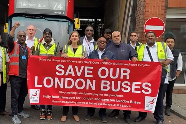 Fleur Anderson with drivers protesting at Putney Bus Garage