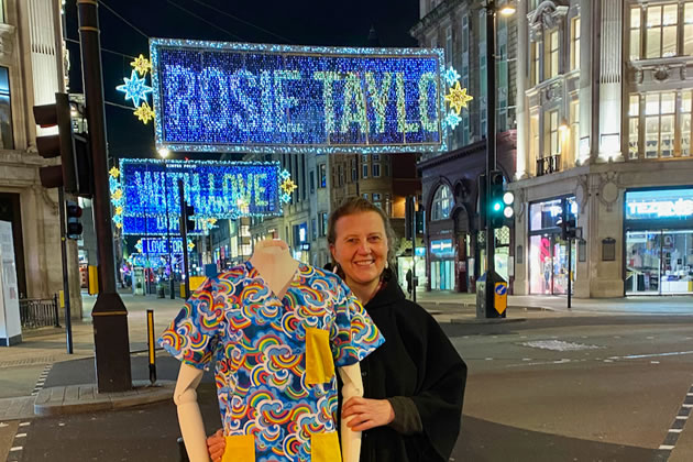 Rosie on Oxford Street with her name in lights 