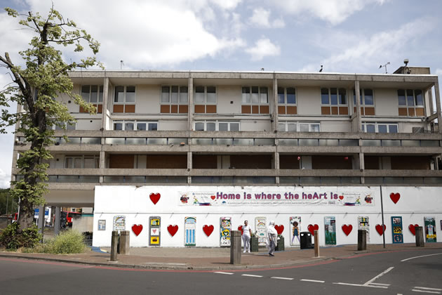 An empty block of flats at the entrance to the Alton Estate