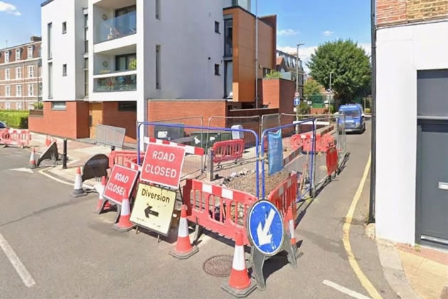 Roadworks on Biggs Row at the junction with Felsham Road