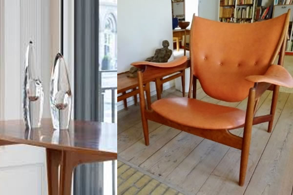 Pair of Orkidea vases by Finnish Designer, Timo Sarpaneva in Dansk Møbelkunst Gallery, Copenhagen (left). The “Chieftain” chair, 1949, by Danish designer, Finn Juhl, in his house at Ordrupsgaard Museum (right)