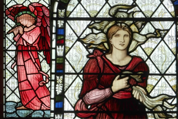 Angel with double pipe (William Morris) and Caritas in Red (Burne-Jones)